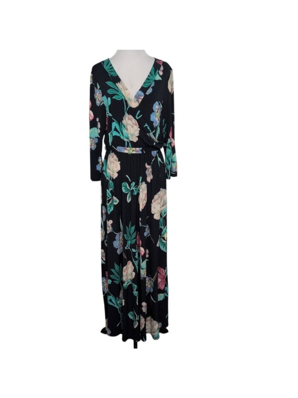 Eloges Floral Maxi Dress Womens Size Medium Blue Bold Romantic V Neck Belted